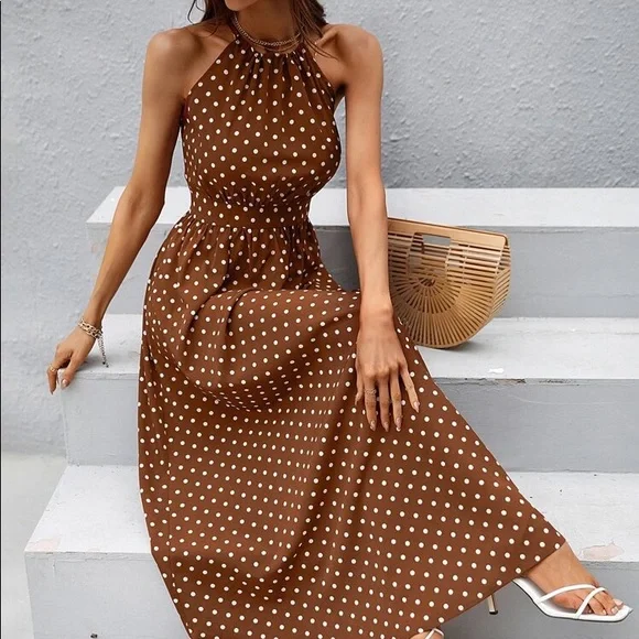 brown polka dot maxi dress Emaria Brown Polka-Dot Satin Cowl-Maxi Dress With Scarf – Club L London main image 0